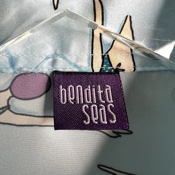 Bendita Seas Satin Long Sleeve Button Down Top Swimming Women Novelty SMALL - Picture 2 of 6